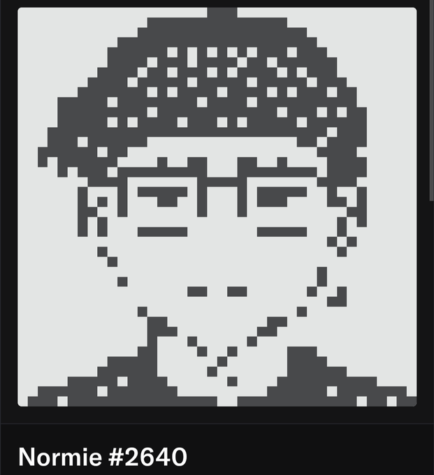 A pixelated black-and-white portrait of a character wearing a knit beanie, labeled "Normie #2640," is shown in the image. The text describes it as one of the normies from the @normiesART collection that will be "burned" (destroyed) as part of an upgrade ritual.