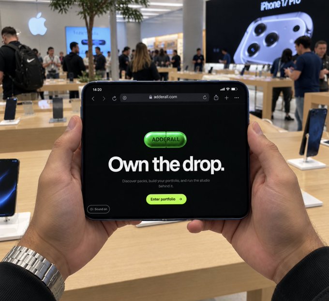 A pair of hands holds a tablet inside an Apple Store, with the screen displaying "adderall.com" and a green pill-shaped logo beside the slogan "Own the drop," along with a description to "Discover packs, build your portfolio, and run the studio behind it," and an "Enter portfolio" button; visible in the background are the Apple logo and iPhone 17 Pro promotional displays, while the accompanying post promotes a "$10 $SOL GIVEAWAY," tying the image's retail crypto/NFT aesthetic to the giveaway's engagement-driven contest format.