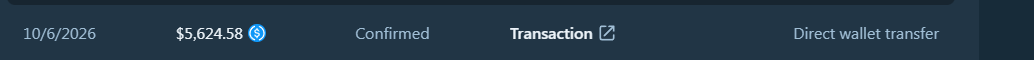 A transaction record showing $5,624.58 USDC confirmed on 10/6/2026 as a "Direct wallet transfer" labeled "Transaction." The image serves as proof of a $5,624.58 cashout transaction from Stake, supporting the post's mention of cashing out funds to a USDC wallet for tips.