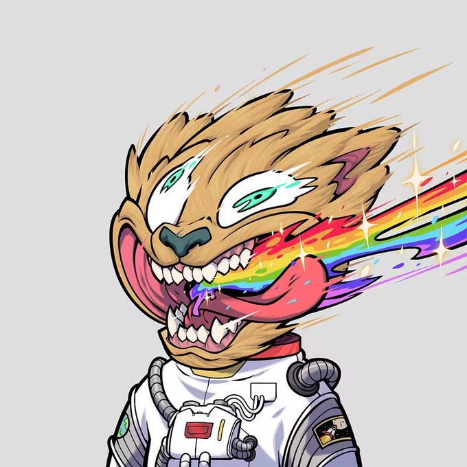 A vibrant digital illustration of a furry, anthropomorphic creature with sharp teeth and green pupils, exhaling a rainbow-colored stream from its mouth while wearing a white and gray spacesuit.