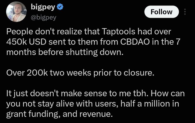 A tweet from @bigpey discussing Taptools receiving over $450K USD from CBDAO in the 7 months before shutting down, questioning how the project couldn't stay alive with that funding plus revenue.