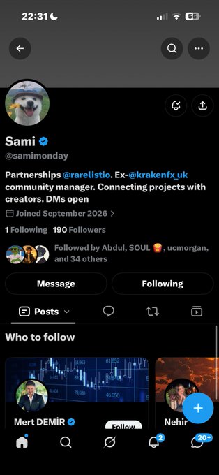 A Twitter/X profile page for 'Sami' (@samimonday) showing a dog's profile picture and a description identifying them as a community manager for @rarelistio and @krakenfx_uk, with 190 followers.
