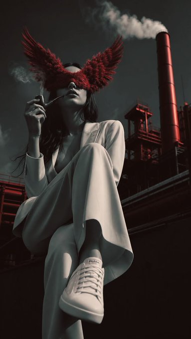 A surreal, stylized digital artwork depicting a woman in white clothing wearing red feathered wings as a mask, holding a cigarette, with an industrial factory featuring a smoking chimney in the background.