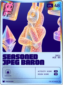 A retro-style digital trading card labeled 'SEASONED JPEG BARON,' depicting a holographic rabbit-like figure with glowing yellow eyes, dated 2021, age 05, LVL 48, with Activity Score 50 and Degen Score 20.