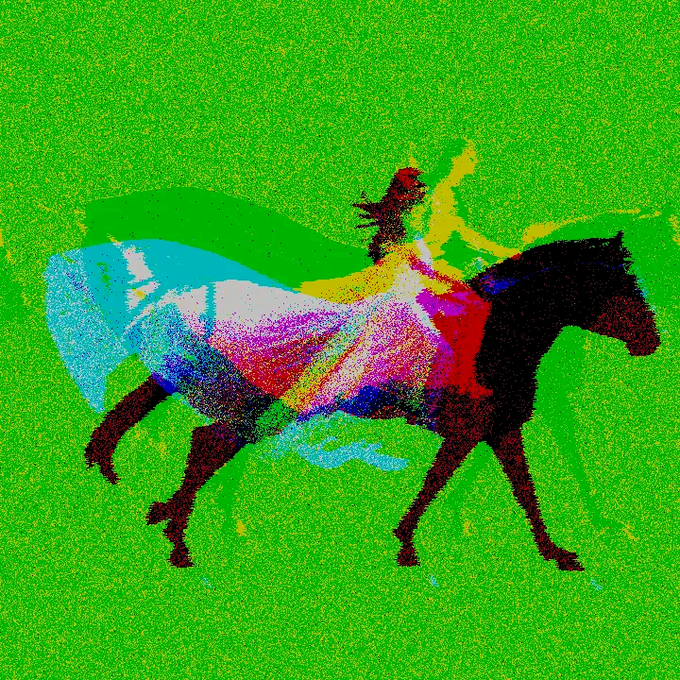 A colorful, grainy digital artwork depicting a silhouette of a person riding a horse against a bright green background, rendered with abstract splashes of cyan, magenta, yellow, and black.
