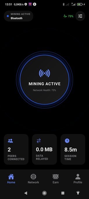 A mobile app screenshot showing 'MINING ACTIVE' via Bluetooth with 2 peers connected, 0.0 MB data relayed, 8.5m session time, and network health at 73%.
