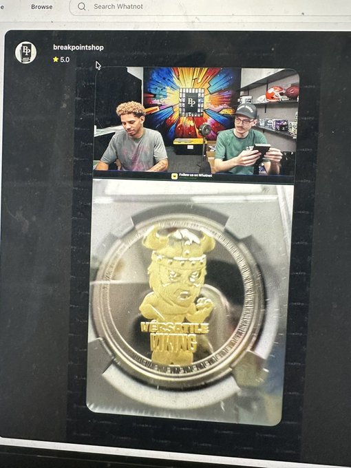 A Whatnot listing from 'breakpointshop' showing two men on camera above an image of a gold 'WESSATTLE KINGS' coin in a PCGS slab.
