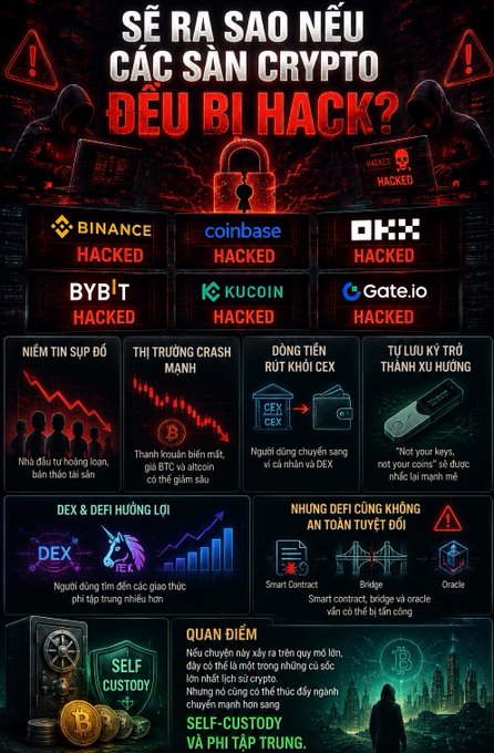 A Vietnamese infographic warning 'SẼ RA SAO NẾU CÁC SÀN CRYPTO ĐỀU BỊ HACK?' listing exchanges like Binance, Coinbase, OKX, Bybit, KuCoin, and Gate.io as 'HACKED,' promoting 'SELF-CUSTODY.'