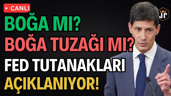 The image appears to be a YouTube thumbnail featuring a man in a suit pointing, with bold Turkish text reading "BOĞA MI? BOĞA TUZAĞI MI? FED TUTANAKLARI AÇIKLANIYOR!" alongside a "CANLI" (Live) badge, promoting a livestream about the upcoming Fed minutes release and whether the crypto market will rise or fall into a bull trap.