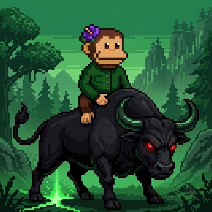 Pixel art of a monkey wearing a green shirt and a purple flower riding a black bull with glowing red eyes in a green jungle setting.