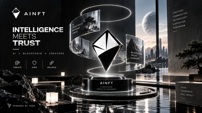 A promotional graphic for 'AINFT' displaying 'INTELLIGENCE MEETS TRUST' and 'AI x BLOCKCHAIN x CREATORS' with a glowing Ethereum-style diamond logo at the center, surrounded by 'CREATE', 'OWN', and 'BELONG' tags.
