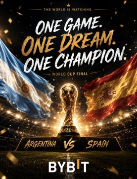 A promotional poster featuring the FIFA World Cup trophy flanked by the Argentina and Spain flags, with text reading "ONE GAME. ONE DREAM. ONE CHAMPION. WORLD CUP FINAL — ARGENTINA VS SPAIN" and "THE WORLD IS WATCHING" at the top, branded with the Bybit logo at the bottom, encouraging users to predict the final score and trade on the platform.