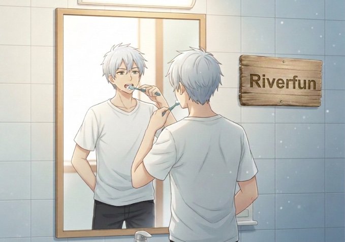 An anime-style illustration shows a young man with silver hair brushing his teeth in front of a bathroom mirror, with a wooden sign on the wall reading "Riverfun" beside him. The image symbolizes the post's message about building daily habits through small, consistent routines, as the simple act of brushing teeth mirrors the idea of taking a few minutes each day to engage with Riverfun and the Riverdot community.