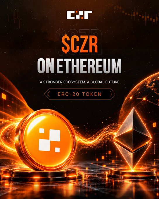 A promotional graphic for the $SCZR token on Ethereum, labeled as an ERC-20 token with the tagline 'A stronger ecosystem. A global future,' featuring an orange coin and an Ethereum diamond.