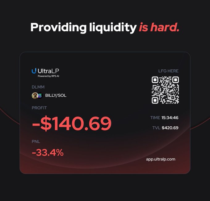 A digital graphic stating 'Providing liquidity is hard' alongside a dashboard showing an UltraLP loss of -$140.69 (-33.4%) for a BILLY/SOL position.
