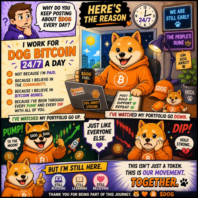 The image features a cartoon dog wearing an orange hoodie, sitting at a desk with a laptop computer open in front of him. The background includes various elements such as a clock, a potted plant, and other cartoon characters. The caption reads "Why do I post about $DOG every day? Simple. I've been through every pump and every crash with this community. My portfolio went up. My portfolio went down. Just like yours. But I'm still here. Building. Posting. Believing."