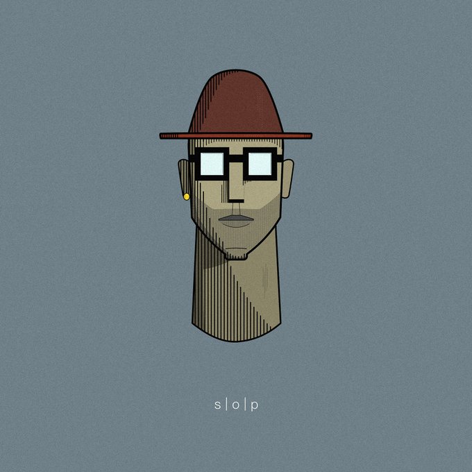 A minimalist illustration of a stylized character with a brown hat, black-rimmed glasses, and elongated wooden-styled features, signed 'slo|p' at the bottom.