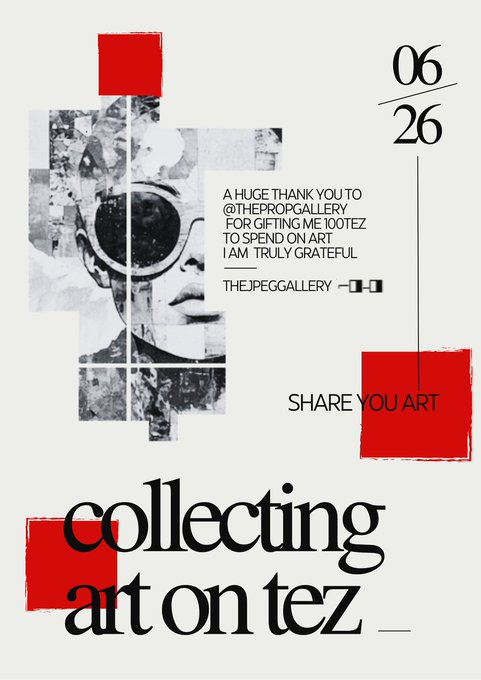 The image features an advertisement for a gallery that showcases art by a woman wearing sunglasses, with the text "Collecting Art On Téz" written above her head. The poster also includes a list of reasons why people should support this gallery, such as promoting local artists and encouraging others to share their artwork on social media platforms like Instagram or Facebook.