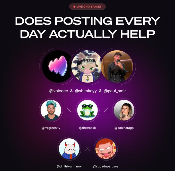 A promotional graphic for a Spaces live event titled 'DOES POSTING EVERY DAY ACTUALLY HELP' featuring multiple speakers and hosts including @voicecc, @shimkeyy, @paul_smir, @mrgreenity, @thetrackk, @luminarago, @dmitriyungarov, and @supaduparusya.