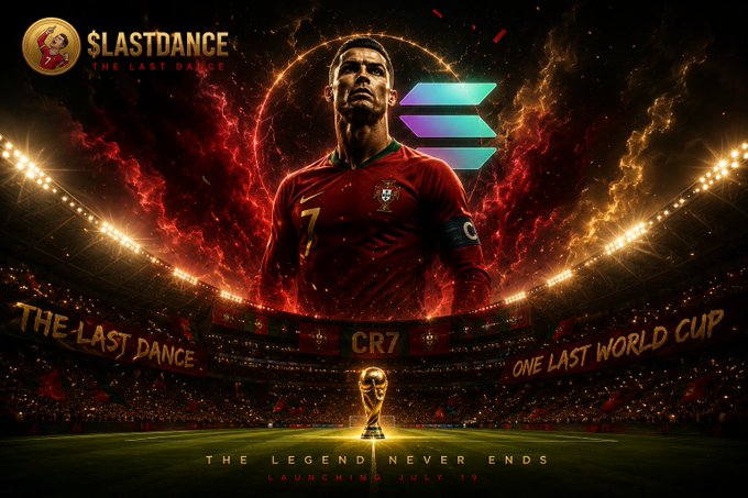 Dramatic movie-style poster titled '$LASTDANCE - THE LAST DANCE' featuring Cristiano Ronaldo in a Portugal #7 jersey with text 'CR7', 'ONE LAST WORLD CUP', 'THE LEGEND NEVER ENDS', and 'LAUNCHING JULY 19'.