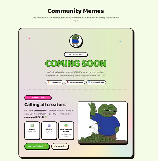 Promotional graphic for 'Community Memes' featuring a 'Meme Vault Coming Soon' section with a Pepe-style frog character, highlighting a creator contest with SPUNK airdrop prizes.