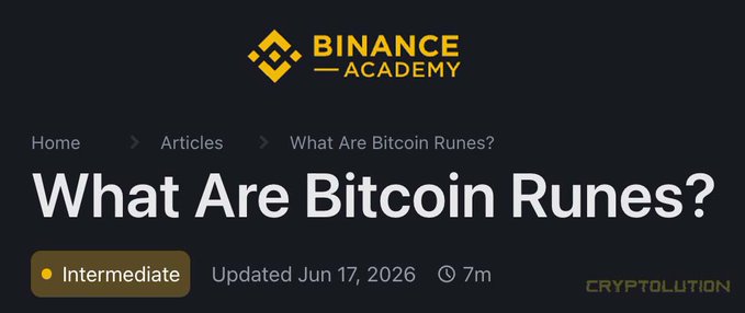 A screenshot from Binance Academy titled 'What Are Bitcoin Runes?' marked as Intermediate content, updated Jun 17, 2026.
