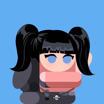 A minimalist cartoon avatar of a girl with black hair in pigtails, large blue eyes, and a pink face mask, set against a light blue background.