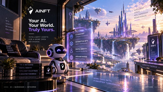 A promotional graphic for 'AINFT' featuring a small white robot beside a futuristic floating city, with text reading 'Your AI. Your World. Truly Yours.' and listing features like 'AI ASSISTANT', 'INTERACTIVE NFTS', 'DIGITAL IDENTITY', and 'OPEN METAVERSE'.