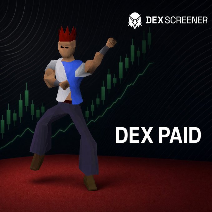 A low-poly 3D character with red spiked hair strikes a pose against a candlestick chart background, with the 'DEX SCREENER' logo and 'DEX PAID' text displayed.