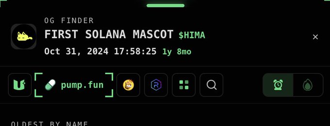 A dark-themed interface showing 'OG FINDER' with a meme coin labeled 'FIRST SOLANA MASCOT $HIMA' dated Oct 31, 2024, featuring pump.fun and other platform icons.