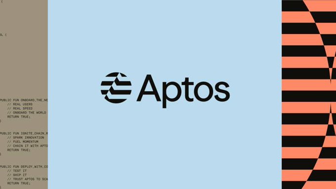 The image features the Aptos logo on a light blue background, accompanied by code snippets on the left and an orange-and-black striped pattern on the right. This visual ties to the news of Aptos achieving 4.5 billion total transactions with record daily activity, highlighting the blockchain network's milestone.