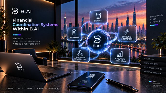 A promotional graphic for 'B.AI' showcasing 'Financial Coordination Systems', depicting holographic icons for 'PAYMENTS', 'SETTLEMENTS', 'ECONOMIC INTERACTION', 'BLOCKCHAIN INFRASTRUCTURE', and 'AI POWERED COORDINATION' against a city skyline backdrop.