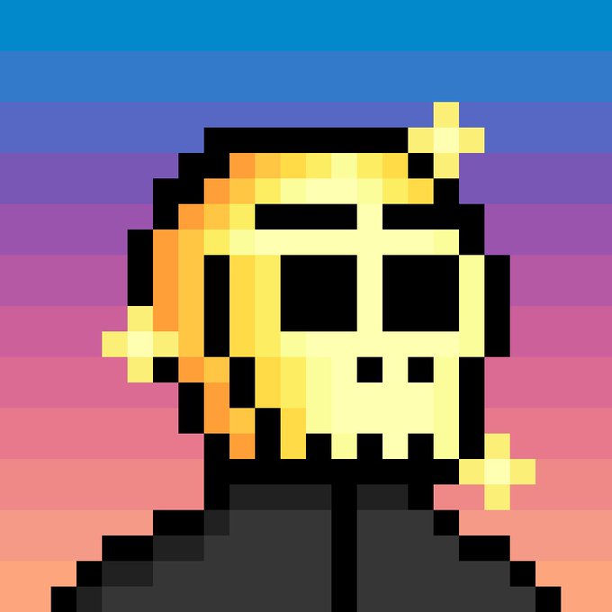 Pixel art portrait of a skull-like character with glowing eyes and blonde hair against a gradient blue-to-purple striped background.