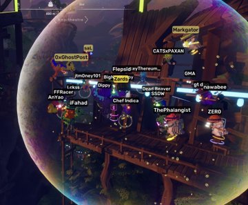 The image shows a group of people playing a video game together. The players are using their characters' abilities to navigate through various challenges within the game, which include choosing an auditorium section wisely and racing through a cave. There are at least ten visible characters in the scene, each with unique abilities that contribute to the gameplay experience. The post about this game is titled "Zards® OtherZARD GAMES - #5 I attended the @ZardsNFT event, where we played two games: - We had to choose an auditorium section wisely and try to survive each round to move forward. - We raced through a cave, with the goal of being the first to reach and hug Zards®".