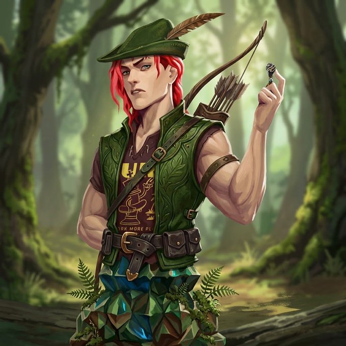 A digital artwork depicts a muscular male character with red hair, wearing a green vest and hat with a feather, holding a bow and arrow while standing on a geometric crystal base in a forest setting.