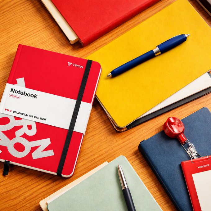 An overhead photograph of colorful notebooks (red, yellow, blue, mint green) on a wooden desk, with a blue pen and a red ID badge holder visible, one notebook branded with 'TRON' and 'DECENTRALIZE THE WEB'.