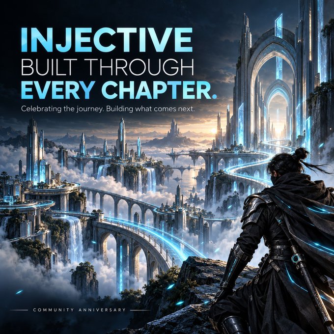 A fantasy-themed community anniversary graphic for 'INJECTIVE' featuring a cloaked warrior overlooking a magical floating city with waterfalls and glowing bridges.