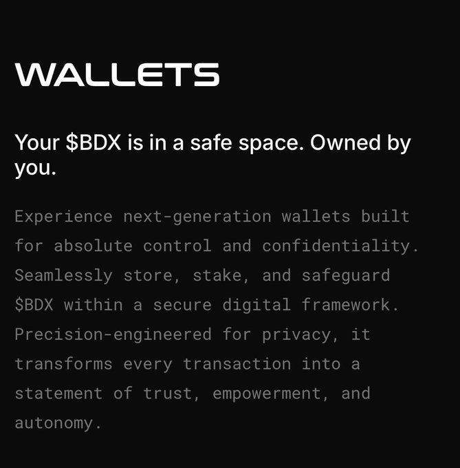 A black promotional graphic titled "WALLETS" with the text: "Your $BDX is in a safe space. Owned by you. Experience next-generation wallets built for absolute control and confidentiality. Seamlessly store, stake, and safeguard $BDX within a secure digital framework. Precision-engineered for privacy, it transforms every transaction into a statement of trust, empowerment, and autonomy."