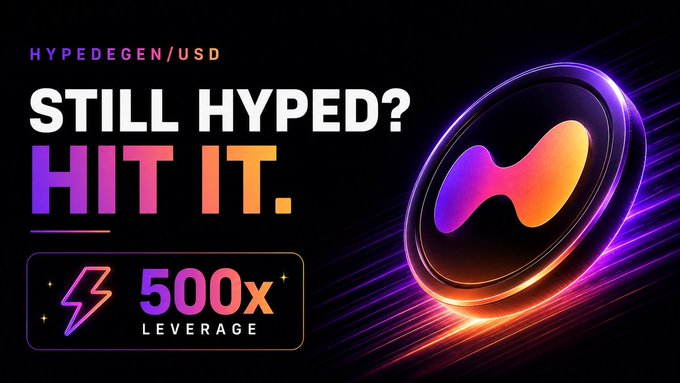 The image features a purple coin with an orange lightning bolt design, which appears to be a cryptocurrency symbol. The background of the image is black, making the colors of the coin stand out. Below the coin, there's text that reads "HYPEDEGEN/USD" and "still hyped? hit it." It also mentions that the coin has 500x leverage and 0.01% fees for trading.
