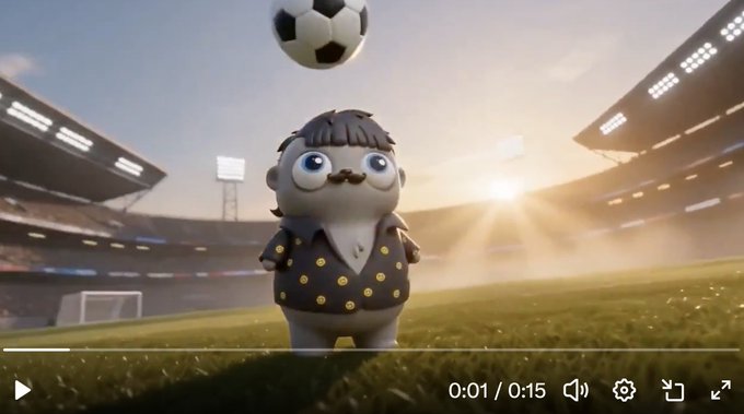 A small cartoon character with a mustache stands on a soccer field inside a stadium, looking up at a soccer ball hovering above. The scene is a video still (timestamp 0:01/0:15) of an animation that appears to feature the "Fugz" character mentioned in the post.
