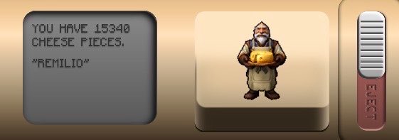 A pixel art scene showing a bearded man holding cheese, with text reading 'YOU HAVE 15340 CHEESE PIECES. "REMILIO"' and a 'CLICK' button on the right.
