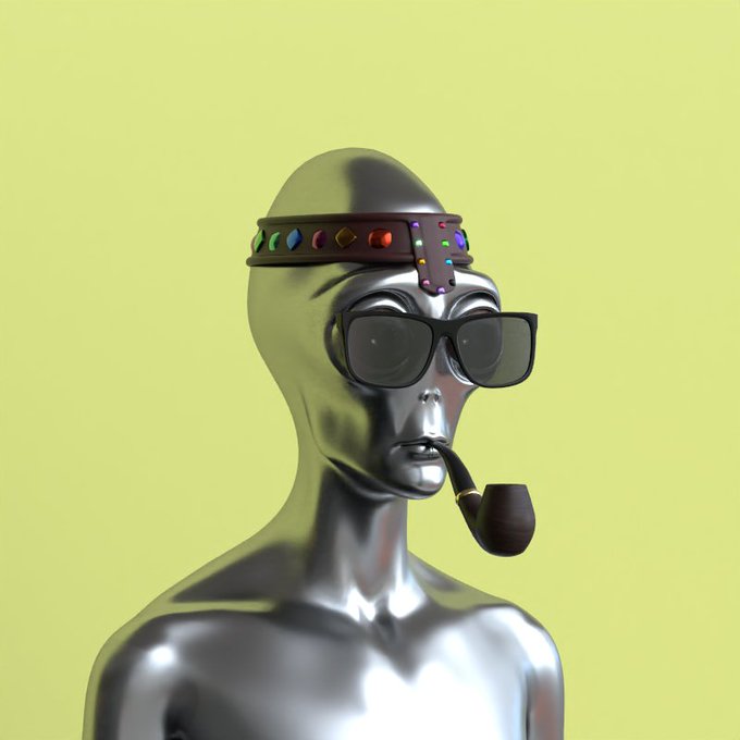 A 3D rendering of a metallic silver mannequin head wearing black sunglasses, a jeweled headband, and smoking a brown pipe, set against a green background.