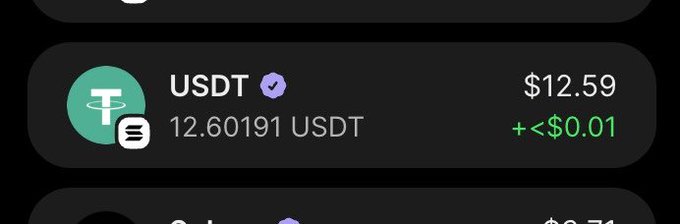 A cryptocurrency wallet display showing USDT at $12.59 with a balance of 12.60191 USDT, showing minimal price change (+<$0.01).
