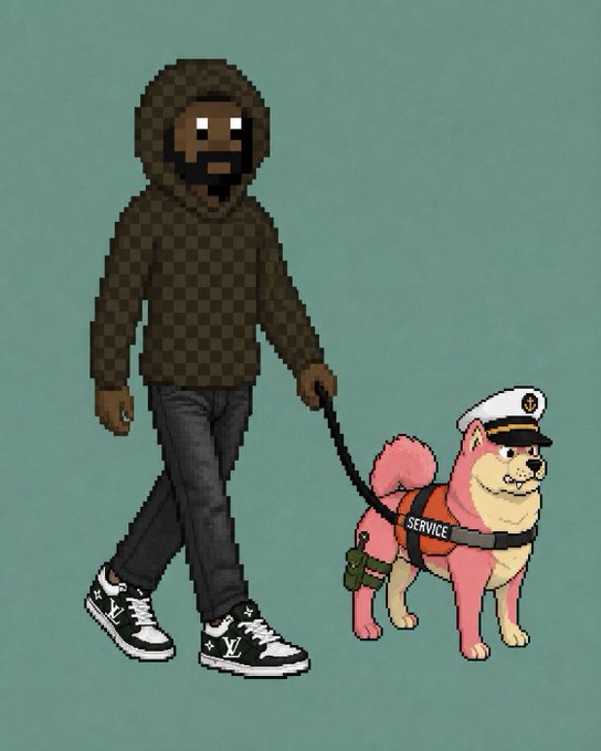 A pixel art style illustration of a bearded man in a checkered hoodie walking a pink dog wearing a 'SERVICE' vest and a white captain's hat on a teal background.