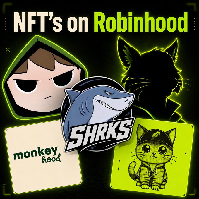 A promotional image titled 'NFT's on Robinhood' showcasing various NFT collection logos including Monkey Hood, SHRKS, and a green cat character.