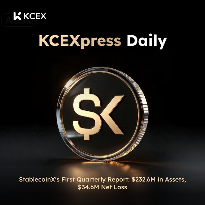 A 'KCEXpress Daily' newsletter header from KCEX exchange featuring a gold $K coin and the headline 'StablecoinX's First Quarterly Report: $232.6M in Assets, $34.6M Net Loss.'