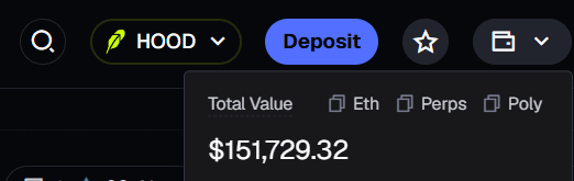 A screenshot of a Robinhood portfolio showing a total value of $151,729.32 across Eth, Perps, and Poly, directly illustrating the $150k the poster mentions being ready to deploy into crypto.