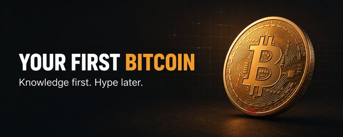 A sleek Bitcoin coin against a dark background accompanies the headline "YOUR FIRST BITCOIN - Knowledge first. Hype later," reinforcing the post's message about taking a measured, research-driven approach to a first BTC purchase rather than rushing in due to hype.