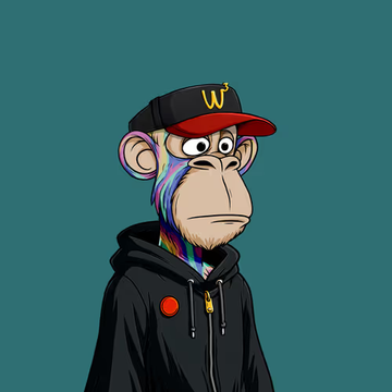 A Bored Ape-style NFT monkey wearing a black cap with a yellow "W", a black hoodie, and displaying rainbow-colored facial markings.