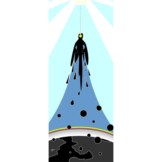A stylized digital illustration of a hanging figure dripping dark liquid onto a landscape with circular shapes.